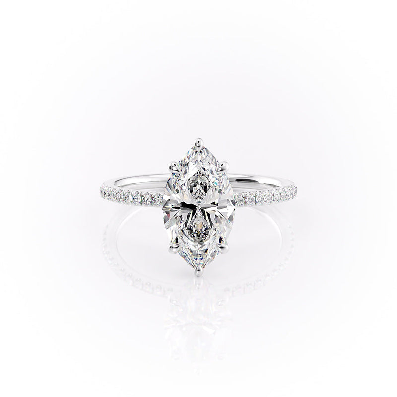 Aurora Beam 3.03 Carat VVS1 Lab-Grown Marquise Hidden Halo Pave Engagement Ring in 18K White Gold Front View
