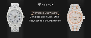 41mm Iced Out Watch Guide featuring two fully iced moissanite watches with different styles, stone settings, and luxury finishes.