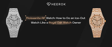 Moissanite AP Watch Guide featuring two fully iced Royal Oak inspired watches in silver and rose gold with moissanite stone settings.