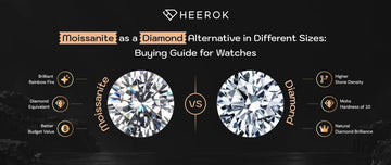 Moissanite vs diamond size comparison showing round gemstones, rainbow sparkle, diamond brilliance, hardness, stone density, and affordable value for luxury watches.
