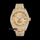 Rolex Sky-Dweller Yellow Dial Standard Numerals Diamond Bezel Yellow Gold Fully Iced Moissanite Diamond Oyster Bracelet Watch Front View