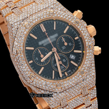 AP Royal Oak Chronograph Black Dial Stick Markers Diamond Bezel Fully Iced Out Rose Gold Moissanite Watch Close Up Dial View.