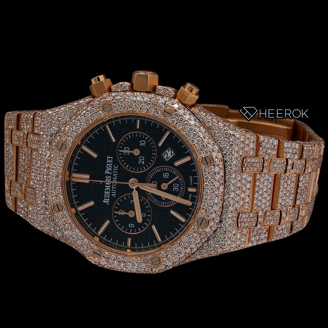 AP Royal Oak Chronograph Black Dial Stick Markers Diamond Bezel Fully Iced Out Rose Gold Moissanite Watch Front View