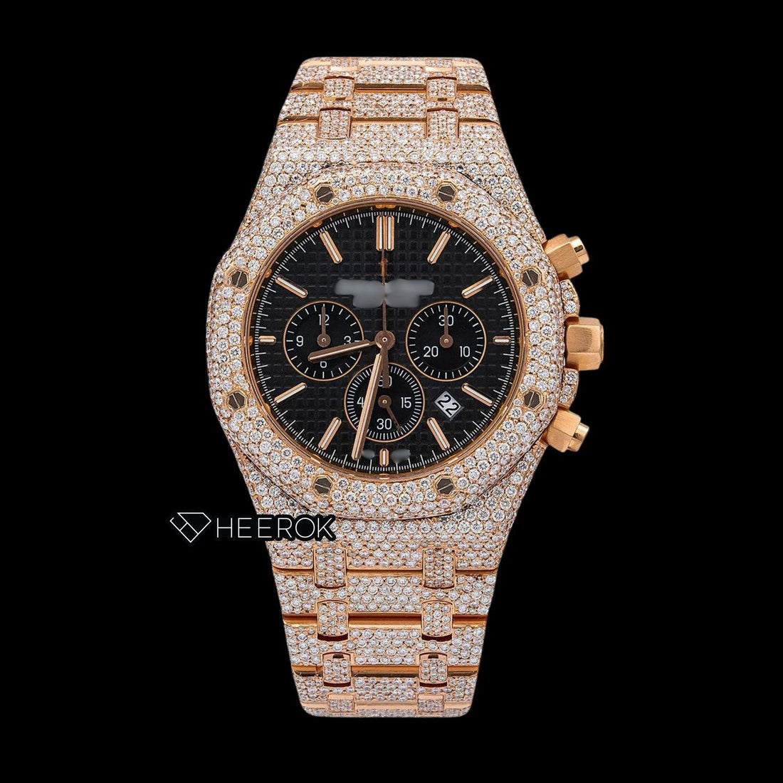 AP Royal Oak Chronograph Black Dial Stick Markers Diamond Bezel Fully Iced Out Rose Gold Moissanite Watch Front View.