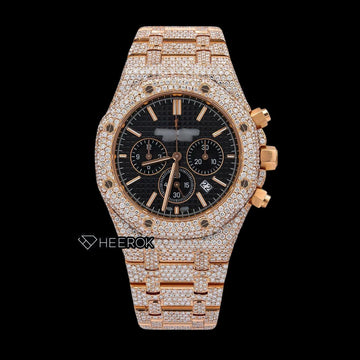 AP Royal Oak Chronograph Black Dial Stick Markers Diamond Bezel Fully Iced Out Rose Gold Moissanite Watch Front View.
