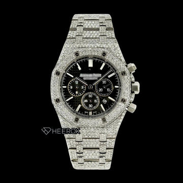 AP Royal Oak Chronograph Black Dial White Stick Markers Pave Diamond Bezel Fully Iced Out Moissanite Watch Front View.