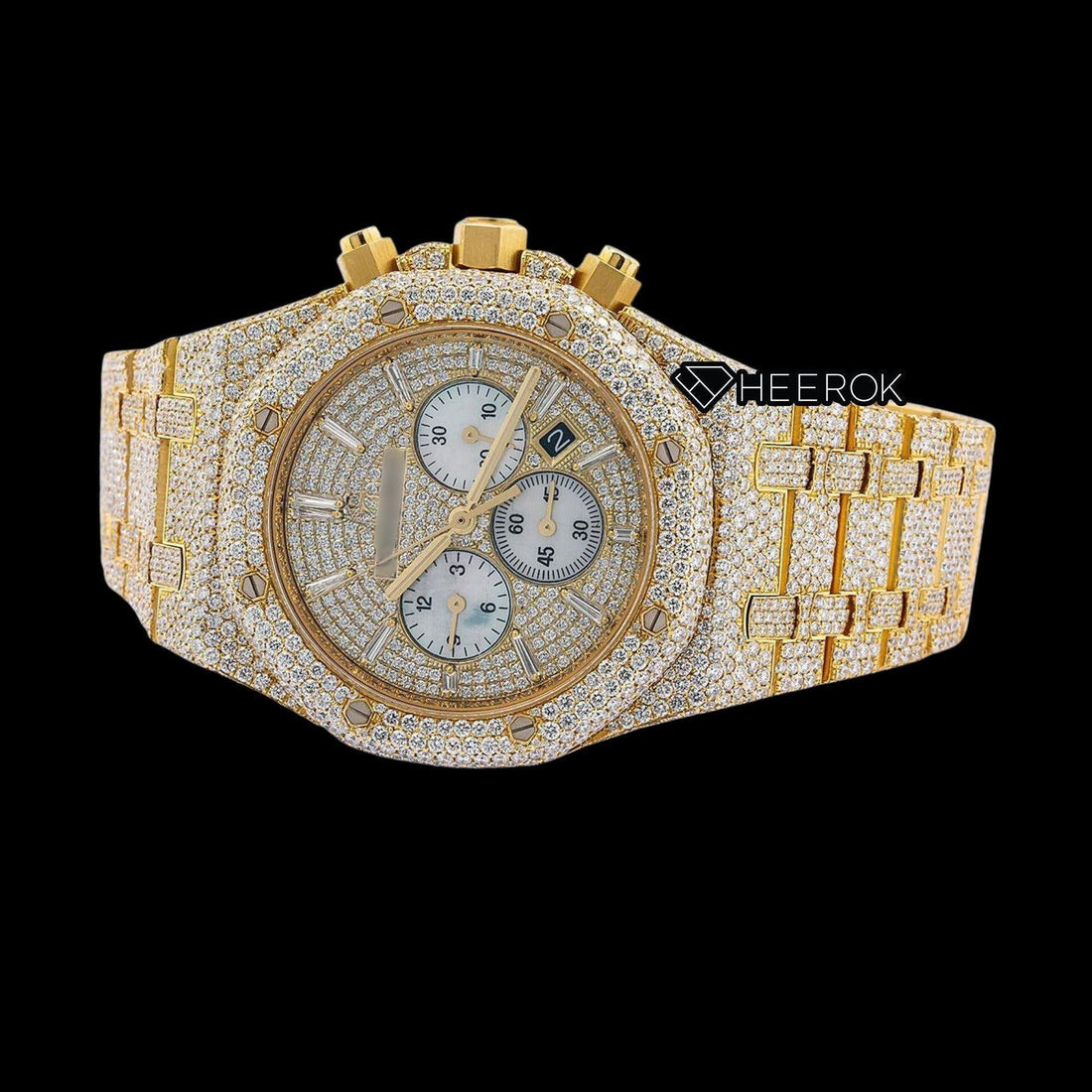 AP Royal Oak Chronograph Full Pave Diamond Dial Baguette Diamond Markers Diamond Bezel Yellow Gold Fully Iced Out Moissanite Watch Front View.