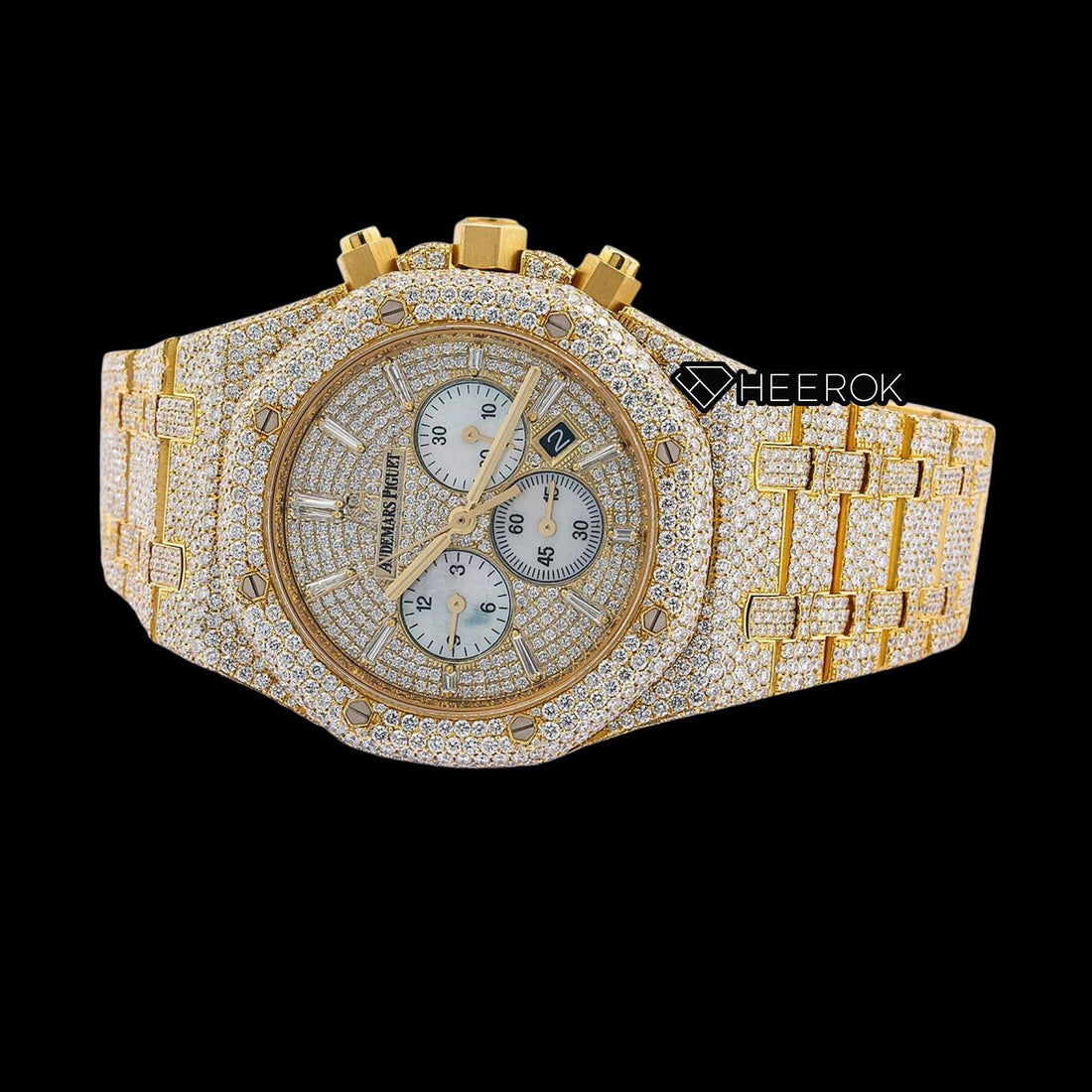 AP Royal Oak Chronograph Full Pave Diamond Dial Baguette Diamond Markers Diamond Bezel Yellow Gold Fully Iced Out Moissanite Watch Front View