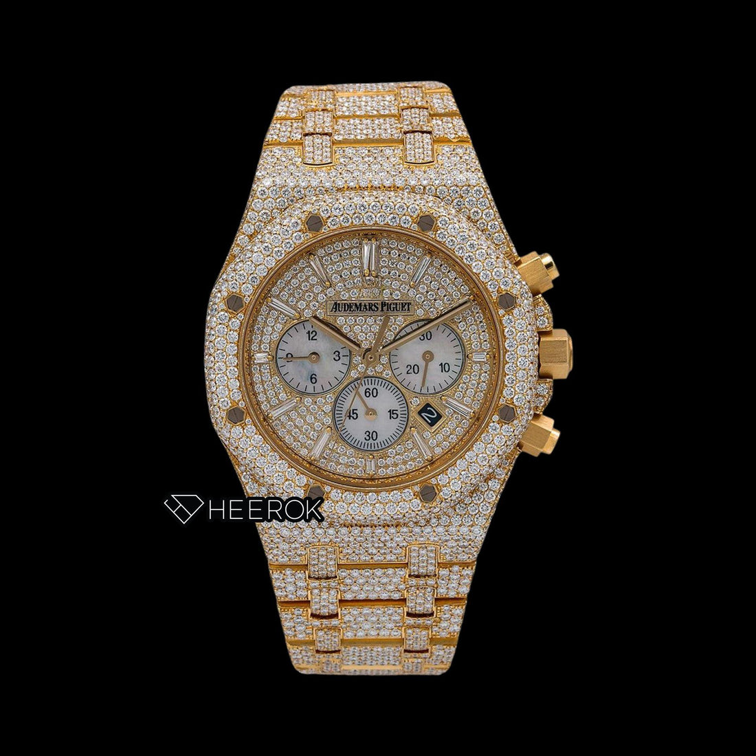AP Royal Oak Chronograph Full Pave Diamond Dial Baguette Diamond Markers Diamond Bezel Yellow Gold Fully Iced Out Moissanite Watch Front View