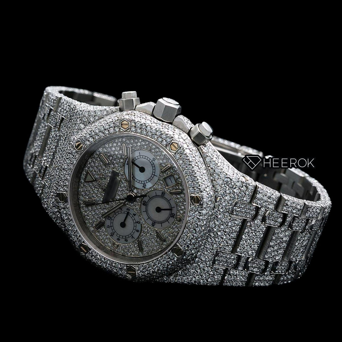 AP Royal Oak Chronograph Full Pave Diamond Dial Stick Markers Diamond Bezel Fully Iced Out Moissanite Watch Front View.