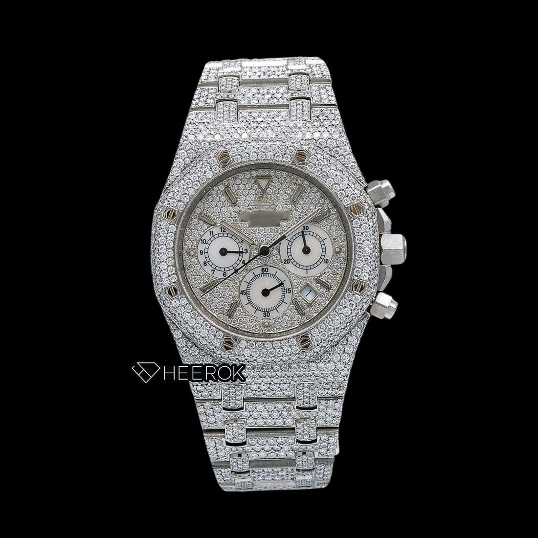 AP Royal Oak Chronograph Full Pave Diamond Dial Stick Markers Diamond Bezel Fully Iced Out Moissanite Watch Front View.