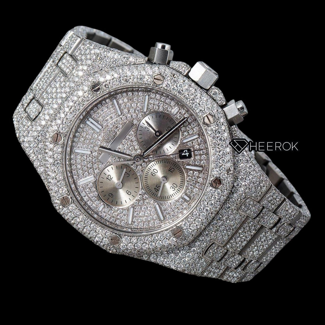 AP Royal Oak Chronograph Full Pave Diamond Dial White Stick Markers Diamond Bezel Fully Iced Out Moissanite Watch Front View.