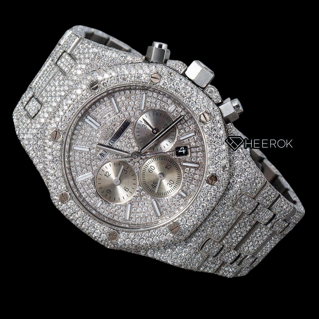 AP Royal Oak Chronograph Full Pave Diamond Dial White Stick Markers Diamond Bezel Fully Iced Out Moissanite Watch Front View
