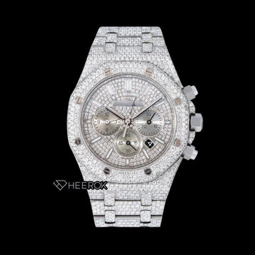 AP Royal Oak Chronograph Full Pave Diamond Dial White Stick Markers Diamond Bezel Fully Iced Out Moissanite Watch Front View.