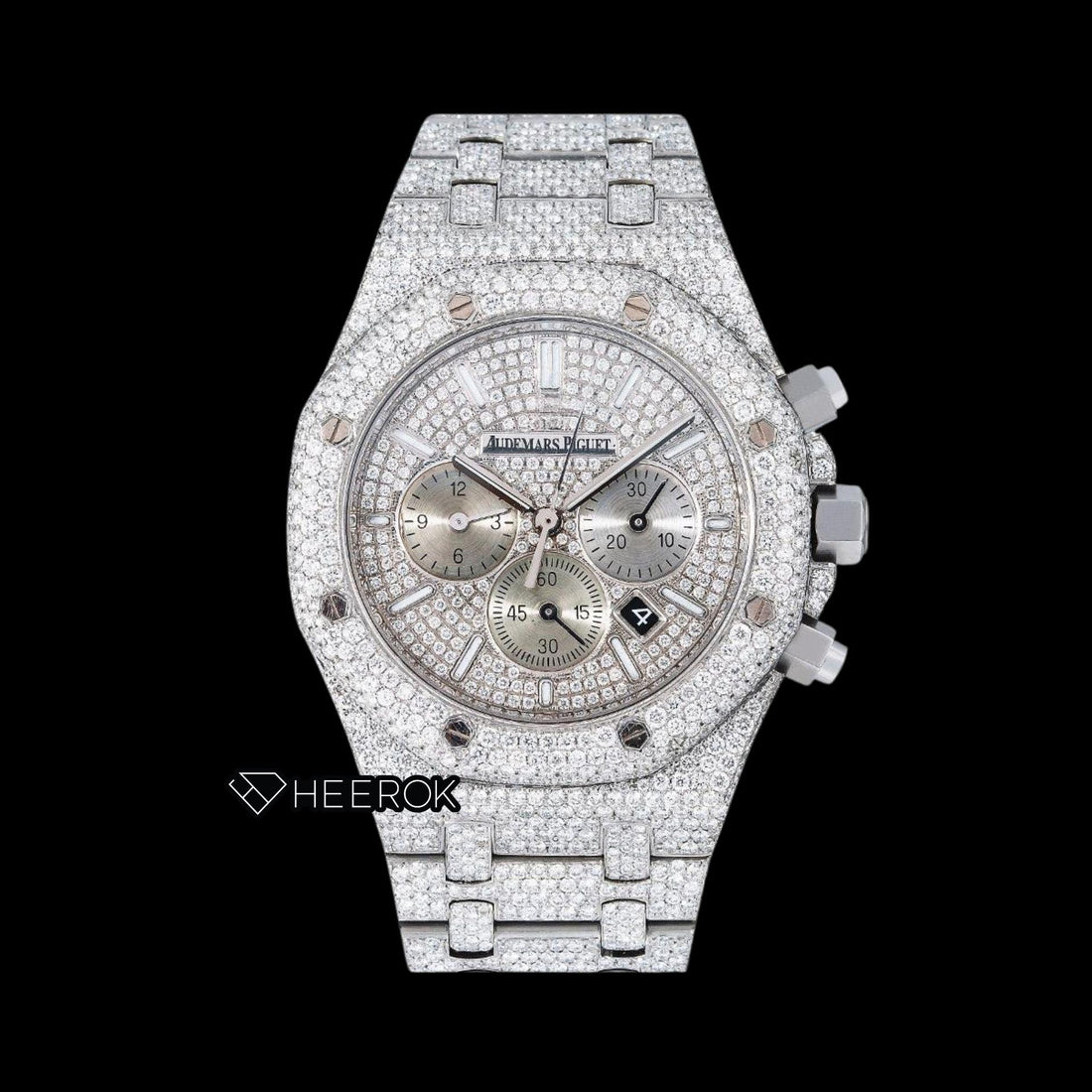 AP Royal Oak Chronograph Full Pave Diamond Dial White Stick Markers Diamond Bezel Fully Iced Out Moissanite Watch Front View