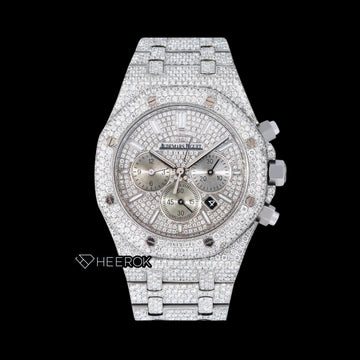 AP Royal Oak Chronograph Full Pave Diamond Dial White Stick Markers Diamond Bezel Fully Iced Out Moissanite Watch Front View
