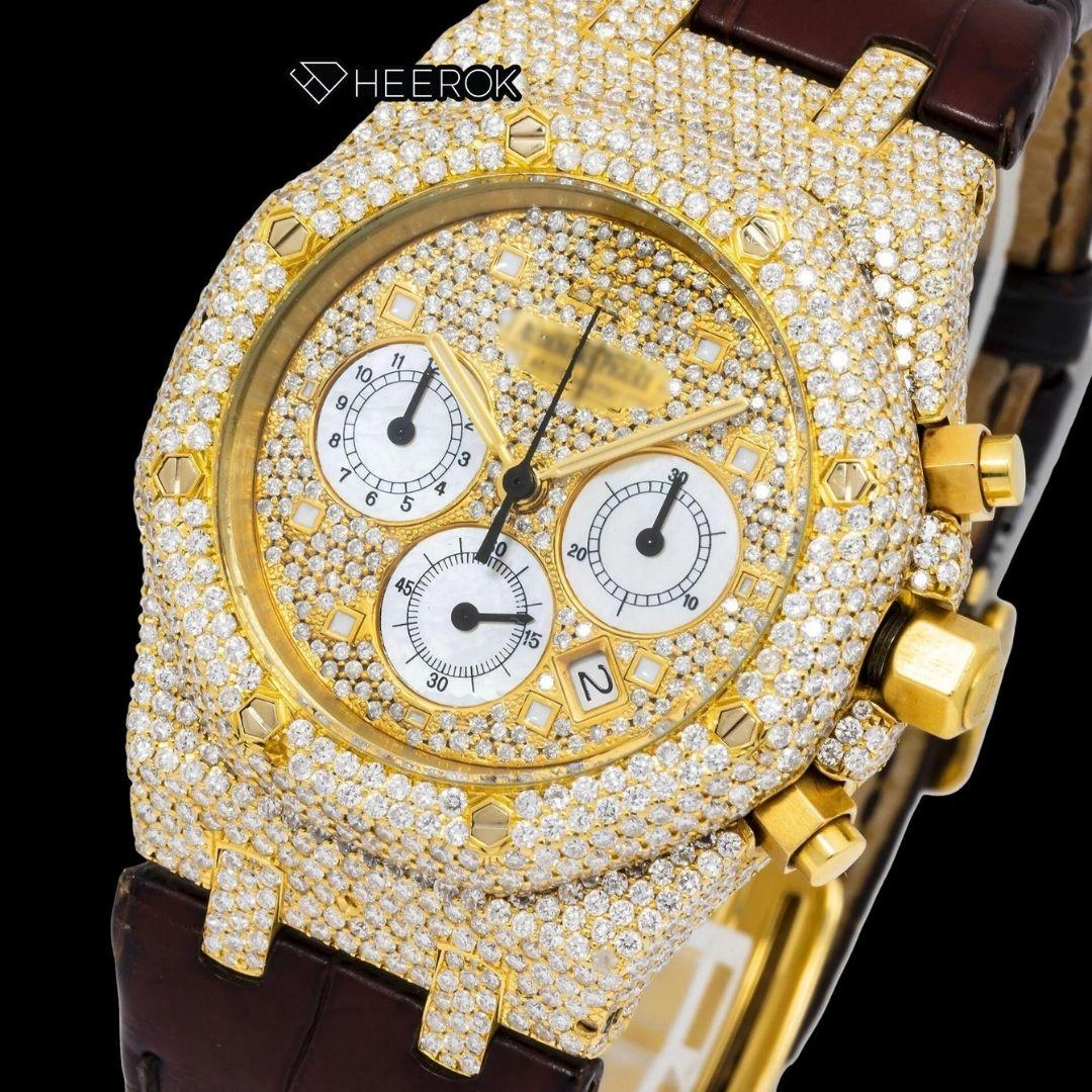 AP Royal Oak Full Pave Chronograph Diamond Dial Square Shape Markers Yellow Gold Semi Iced Out Brown Leather Strap Moissanite Watch Front View
