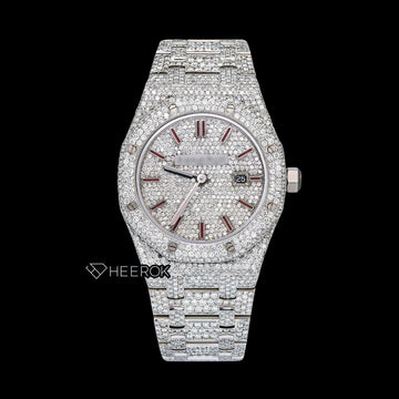 AP Royal Oak Full Pave Dial Red Stick Markers Diamond Bezel Fully Iced Out Moissanite Diamond Watch For Women Front View