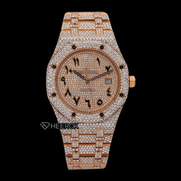 AP Royal Oak Full Pave Diamond Dial Black Arabic Numerals Diamond Bezel Fully Iced Out Rose Gold Moissanite Watch Front View.