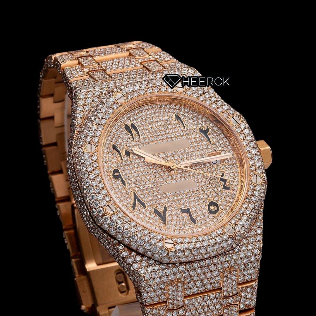 AP Royal Oak Full Pave Diamond Dial Black Arabic Numerals Diamond Bezel Fully Iced Out Rose Gold Moissanite Watch Front View.