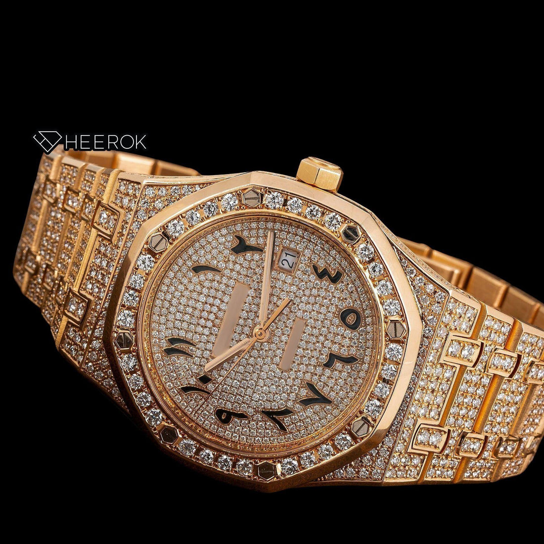 AP Royal Oak Full Pave Diamond Dial Black Arabic Numerals Large Round Diamond Bezel Fully Iced Yellow Gold Moissanite Watch Front View.