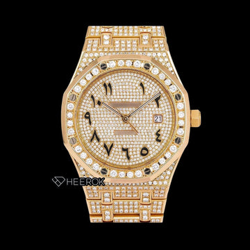 AP Royal Oak Full Pave Diamond Dial Black Arabic Numerals Large Round Diamond Bezel Fully Iced Yellow Gold Moissanite Watch Front View.