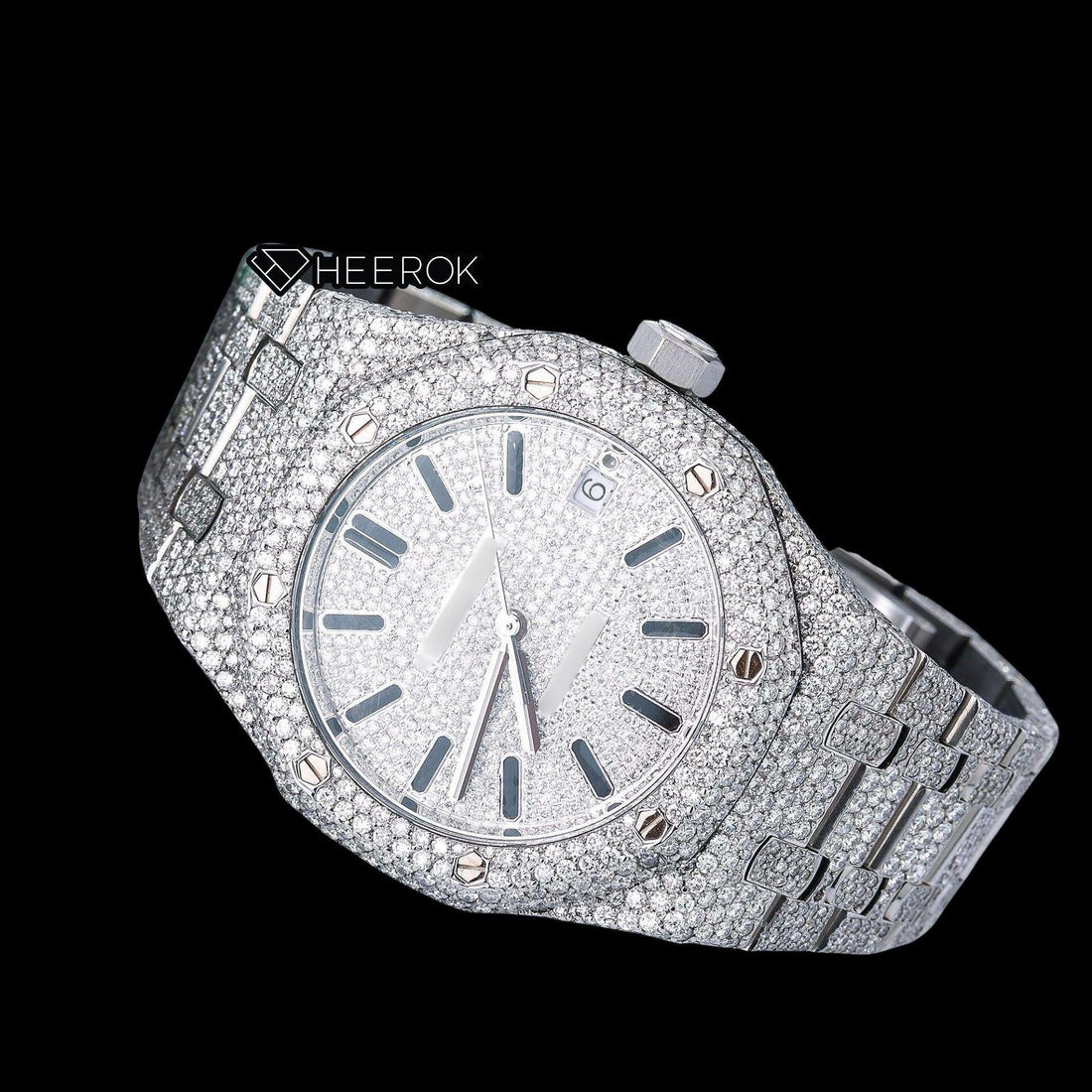 AP Royal Oak Full Pave Diamond Dial Black Stick Markers Diamond Bezel Fully Iced Out Moissanite Watch Front View.