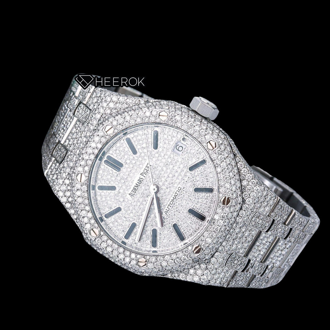 AP Royal Oak Full Pave Diamond Dial Black Stick Markers Diamond Bezel Fully Iced Out Moissanite Watch Front View