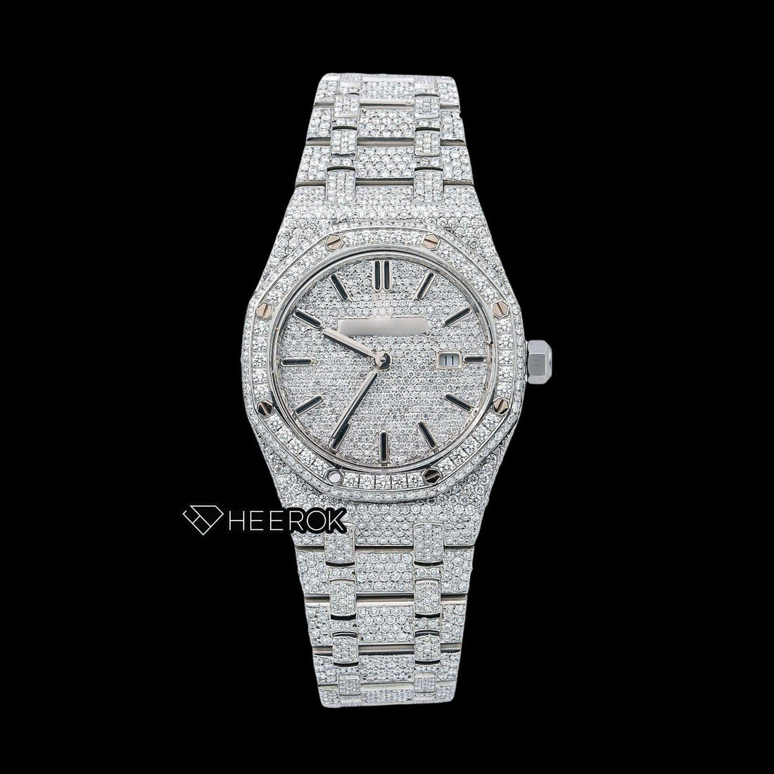 AP Royal Oak Full Pave Diamond Dial Black Stick Markers Diamond Bezel Fully Iced Out Moissanite Watch For Women Front View.