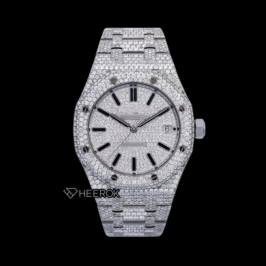 AP Royal Oak Full Pave Diamond Dial Black Stick Markers Diamond Bezel Fully Iced Out Moissanite Watch Front View.