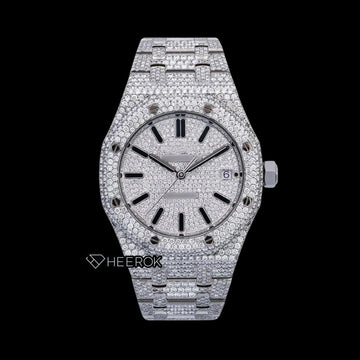 AP Royal Oak Full Pave Diamond Dial Black Stick Markers Diamond Bezel Fully Iced Out Moissanite Watch Front View.