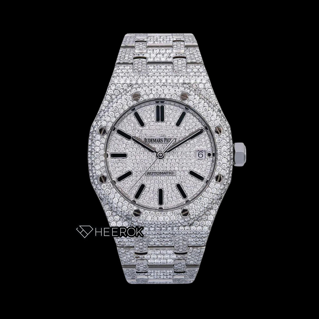 AP Royal Oak Full Pave Diamond Dial Black Stick Markers Diamond Bezel Fully Iced Out Moissanite Watch Front View