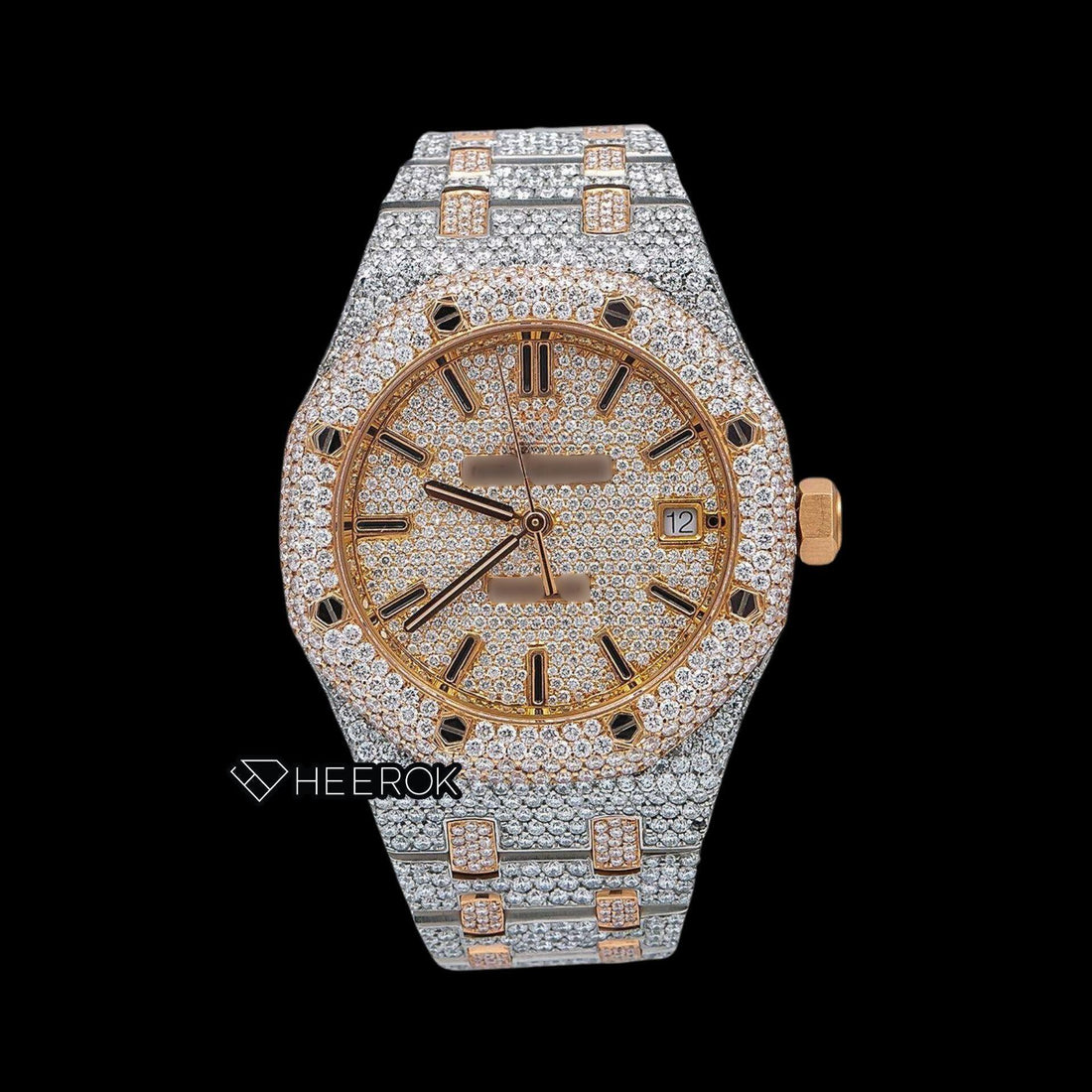 AP Royal Oak Full Pave Diamond Dial Black Stick Markers Rose Gold Diamond Bezel Two Tone Fully Iced Out Moissanite Watch Front View.