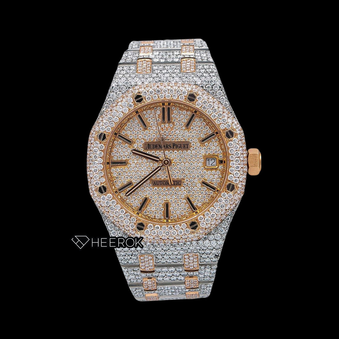 AP Royal Oak Full Pave Diamond Dial Black Stick Markers Rose Gold Diamond Bezel Two Tone Fully Iced Out Moissanite Watch Front View
