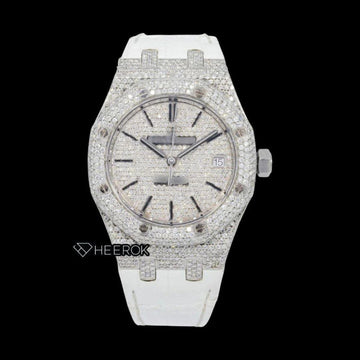 AP Royal Oak Full Pave Diamond Dial Black Stick Markers White Leather Strap Semi Iced Out Moissanite Watch Front View .
