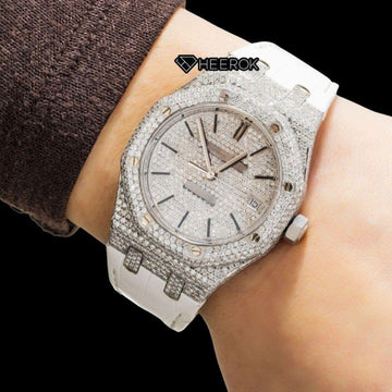 AP Royal Oak Full Pave Diamond Dial Black Stick Markers White Leather Strap Semi Iced Out Moissanite Watch On Wrist View .