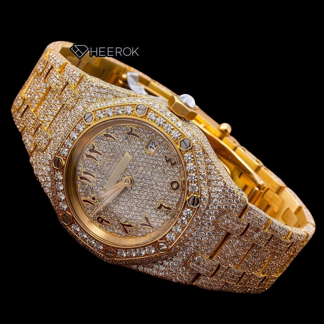 AP Royal Oak Full Pave Diamond Dial Brown Arabic Numerals Diamond Bezel Yellow Gold Fully Iced Out Moissanite Watch Front View..