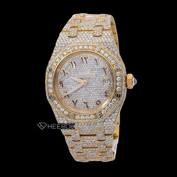 AP Royal Oak Full Pave Diamond Dial Brown Arabic Numerals Diamond Bezel Yellow Gold Fully Iced Out Moissanite Watch Front View..