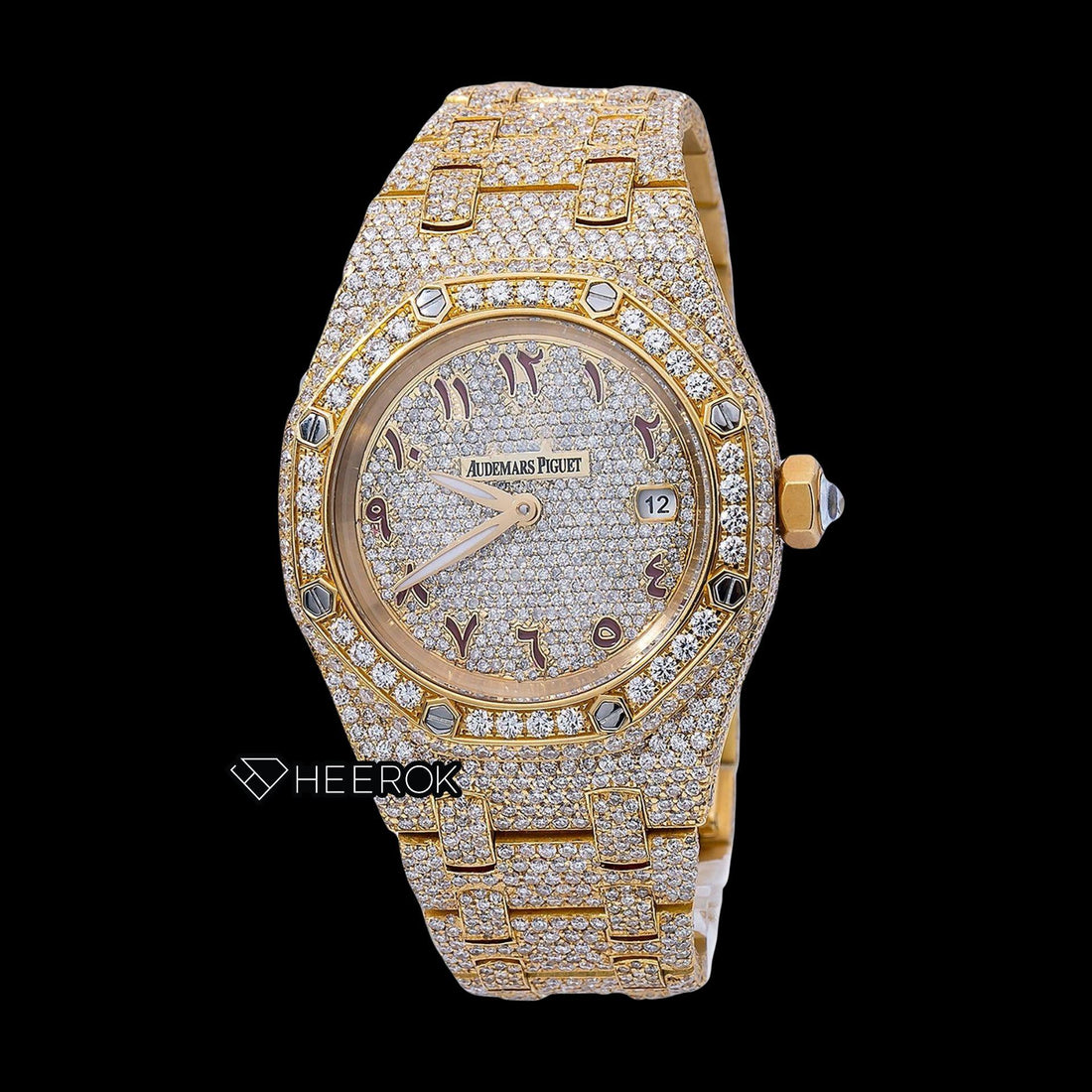 AP Royal Oak Full Pave Diamond Dial Brown Arabic Numerals Diamond Bezel Yellow Gold Fully Iced Out Moissanite Watch Front View