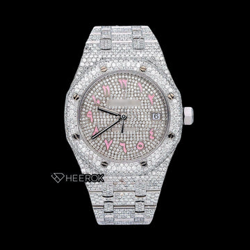 AP Royal Oak Full Pave Diamond Dial Pink Arabic Numerals Diamond Bezel Moissanite Diamond Watch Front View