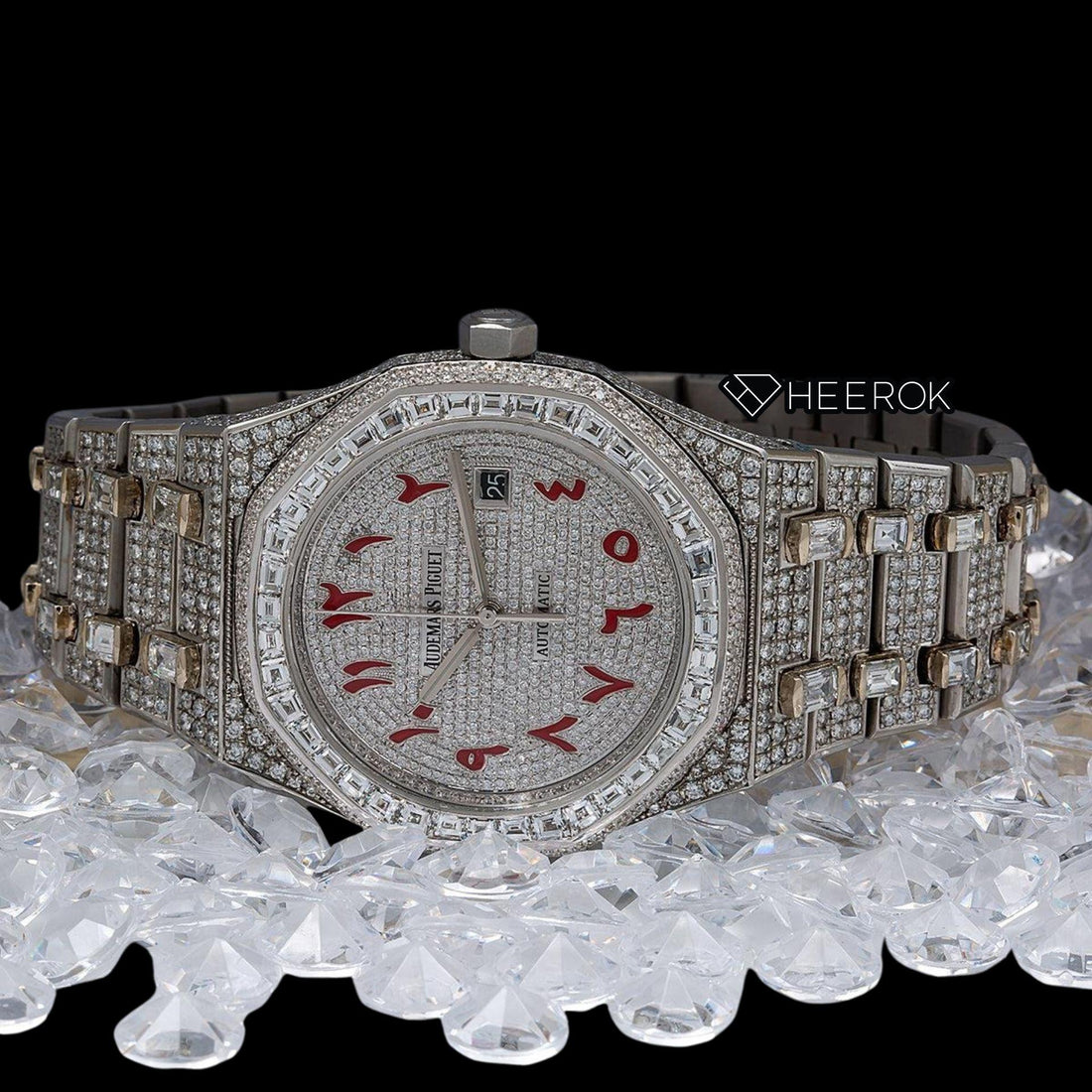 AP Royal Oak Full Pave Diamond Dial Red Arabic Numerals Baguette Diamond Bezel Fully Iced Out Moissanite Watch Front View