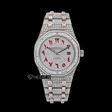 AP Royal Oak Full Pave Diamond Dial Red Arabic Numerals Baguette Diamond Bezel Fully Iced Out Moissanite Watch Front View.