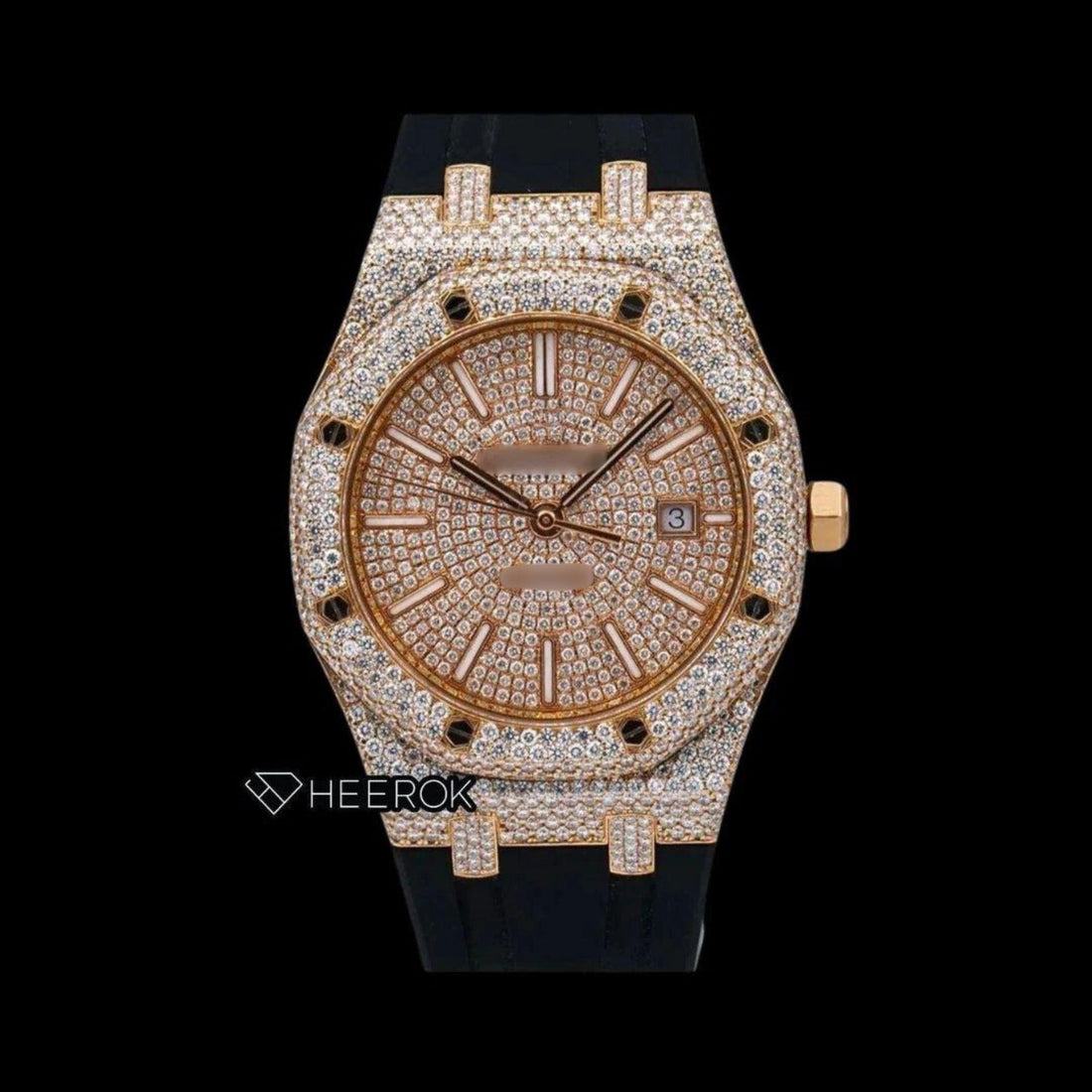 AP Royal Oak Full Pave Diamond Dial Stick Markers Rose Gold Diamond Bezel Black Rubber Strap Semi Iced Out Moissanite Watch Front View.