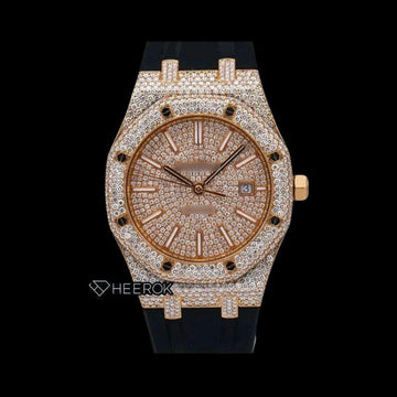 AP Royal Oak Full Pave Diamond Dial Stick Markers Rose Gold Diamond Bezel Black Rubber Strap Semi Iced Out Moissanite Watch Front View.