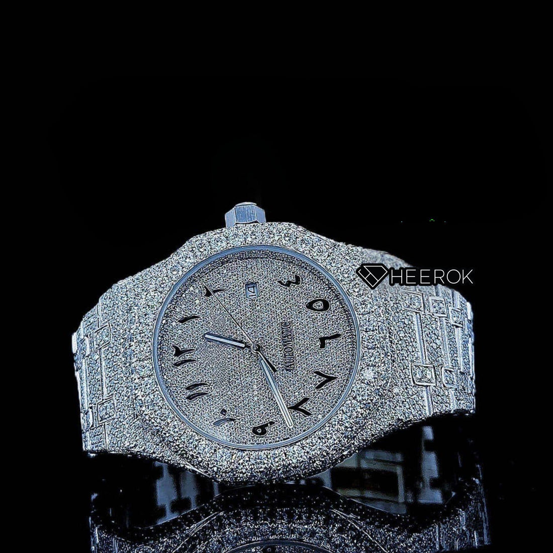 AP Royal Oak Fully Iced Out White Dial Arabic Numerals Diamond Bezel Moissanite Diamond Bracelet Front View