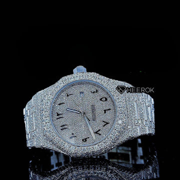 AP Royal Oak Fully Iced Out White Dial Arabic Numerals Diamond Bezel Moissanite Diamond Bracelet Front View