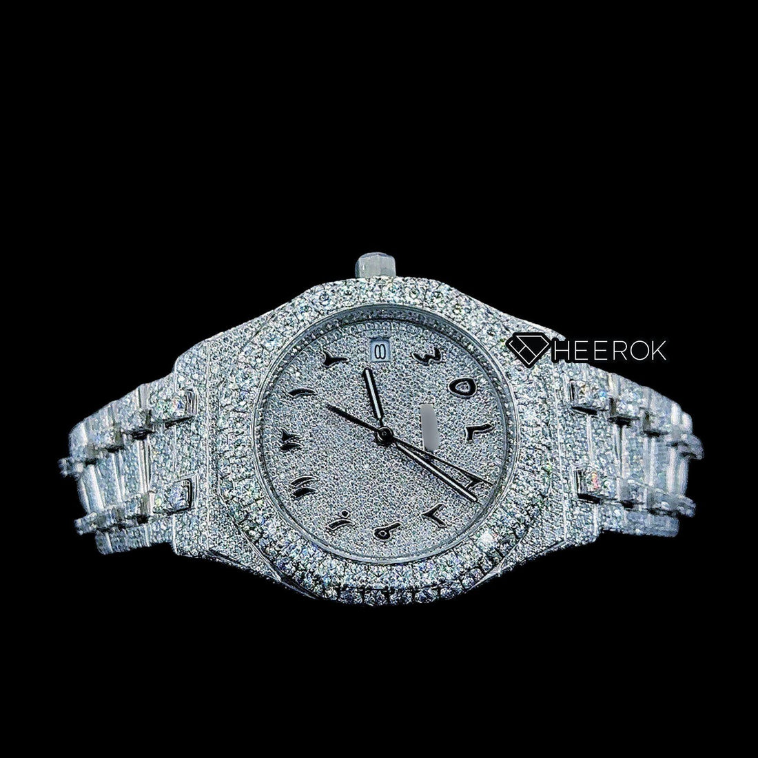 AP Royal Oak Fully Iced Out White Dial Black Arabic Numerals Diamond Bezel Moissanite Diamond Bracelet Front View.