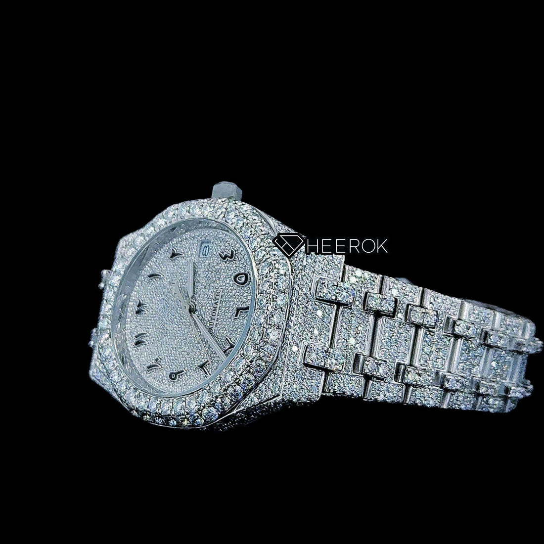 AP Royal Oak Fully Iced Out White Dial Black Arabic Numerals Diamond Bezel Moissanite Diamond Bracelet Front View