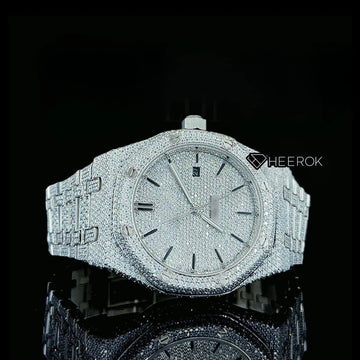 AP Royal Oak Fully Iced Out White Dial Black Stick Markers Diamond Bezel Moissanite Diamond Bracelet Front View.