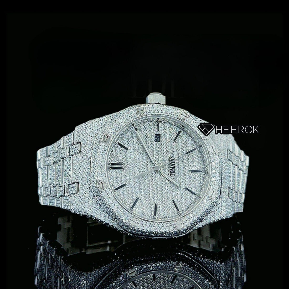 AP Royal Oak Fully Iced Out White Dial Black Stick Markers Diamond Bezel Moissanite Diamond Bracelet Front View